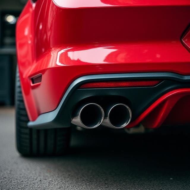 Rear view of a Ford Mustang GT with a custom, polished exhaust system